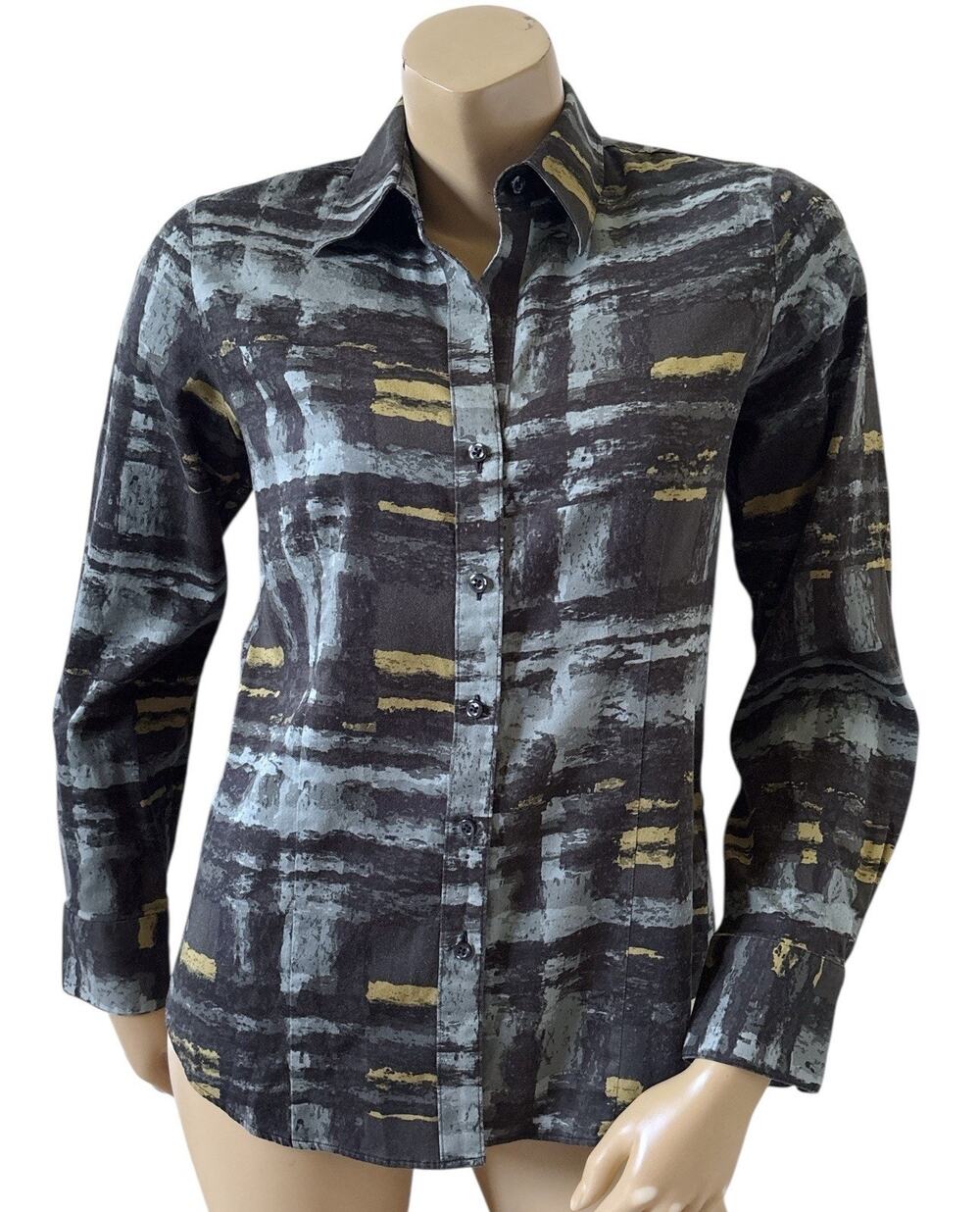 Paper White Button Up Blouse Womens 6 Abstract Print Career Long Sleeve Collared